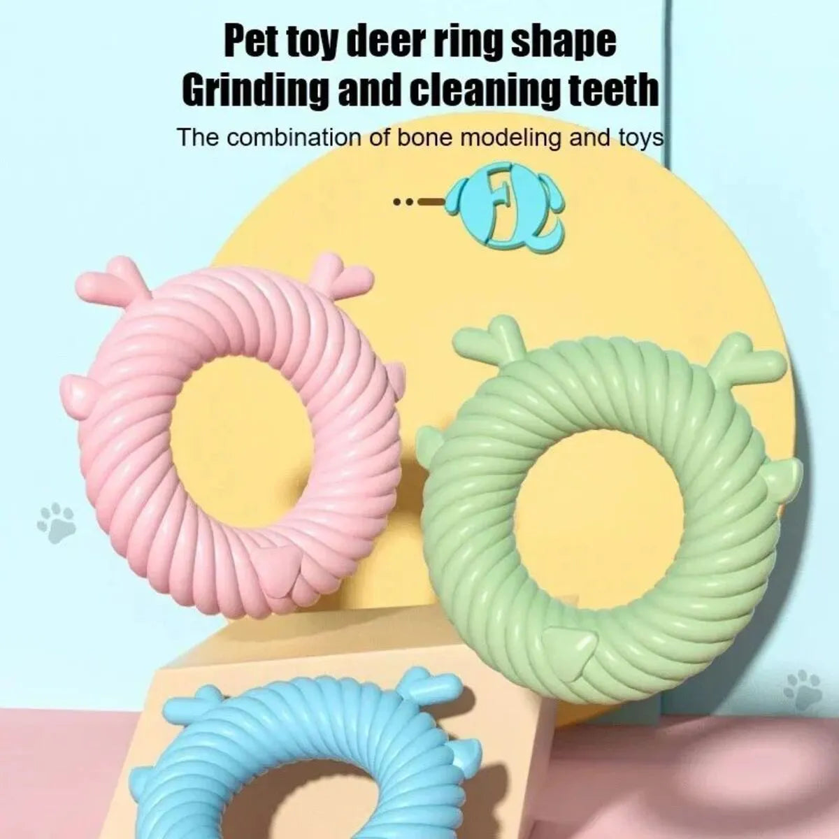 Deer-shaped dog chew toy with spiral grooves in light blue, pink, or green colours