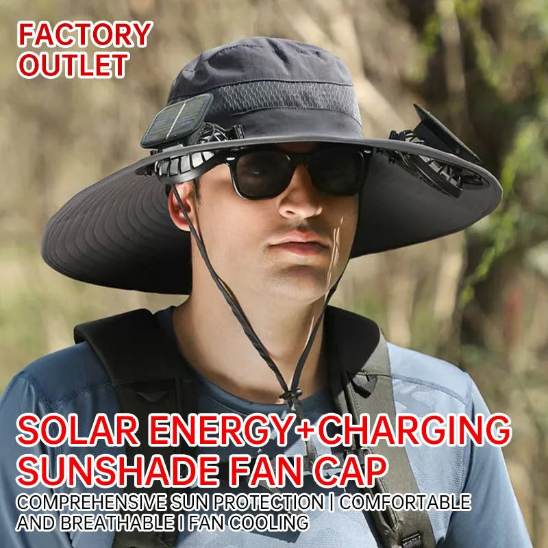 Solar-powered fan hat for men with a wide brim and adjustable chin strap, shown in a neutral colour.