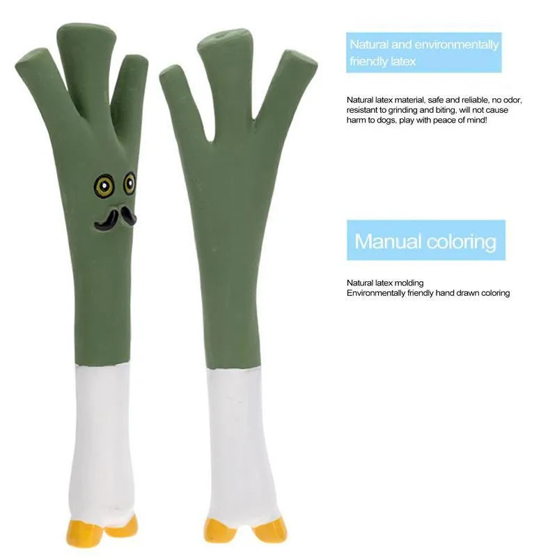 Cartoon onion and eggplant latex dog chew toy in green, orange, or purple colour options.