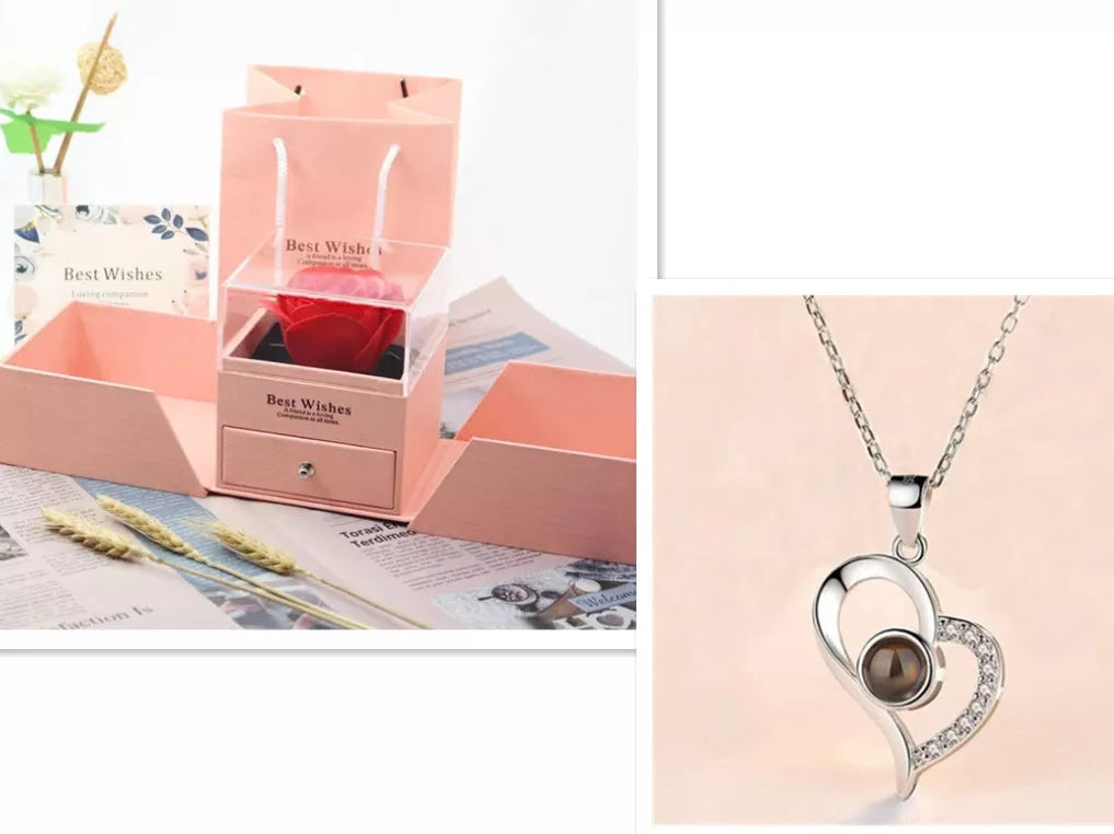 Valentine's Day Metal Rose Jewelry Gift Box Necklace with adjustable crystal necklace and maroon gift box