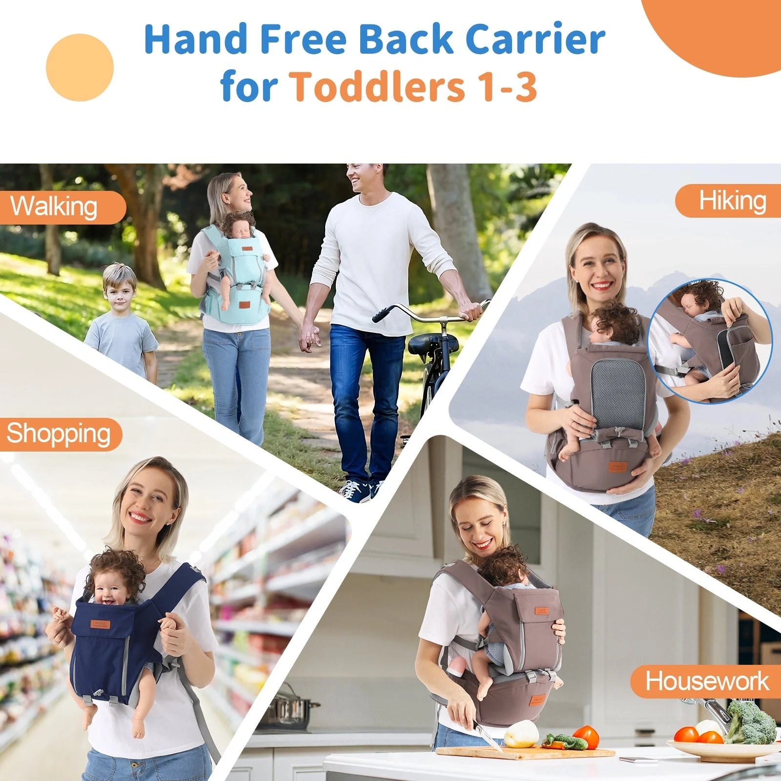Dual-purpose baby carrier waist stool for newborns and toddlers in light blue, grey, and dark blue