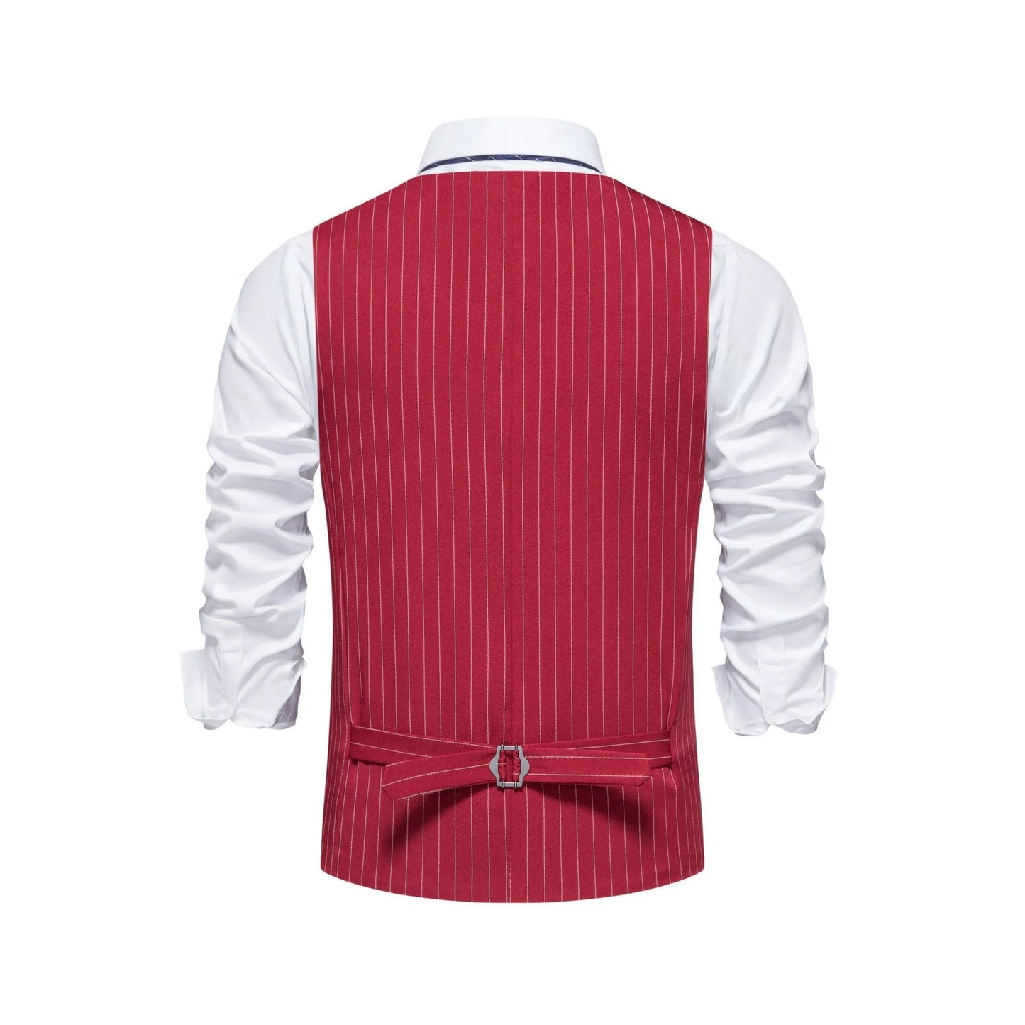 A man's striped suit vest with a non-ironing finish, shown in a red stripe pattern with a mitered hem.