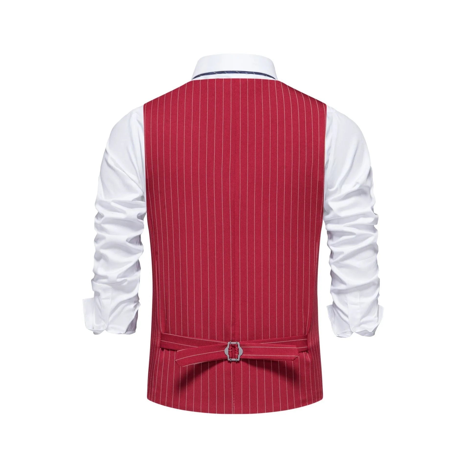 A man's striped suit vest with a non-ironing finish, shown in a red stripe pattern with a mitered hem.