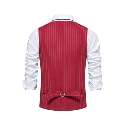 A man's striped suit vest with a non-ironing finish, shown in a red stripe pattern with a mitered hem.