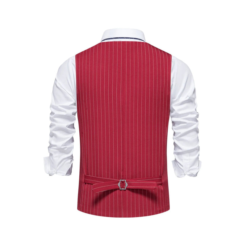 Men's striped suit vest in non-ironing polyester fibre fabric with mitered hem and embedded pocket lines for business formal wear, available in black, khaki, or red stripe patterns and sizes S, M, L, XL, XXL for year-round use.
