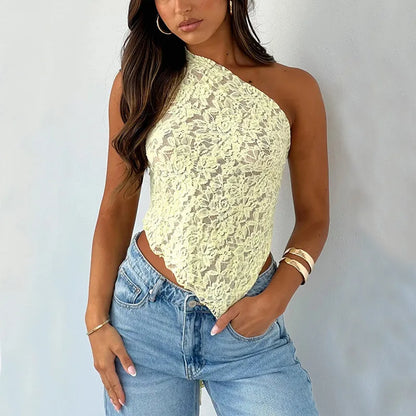 Women's backless lace vest top with asymmetrical neckline in solid colour.