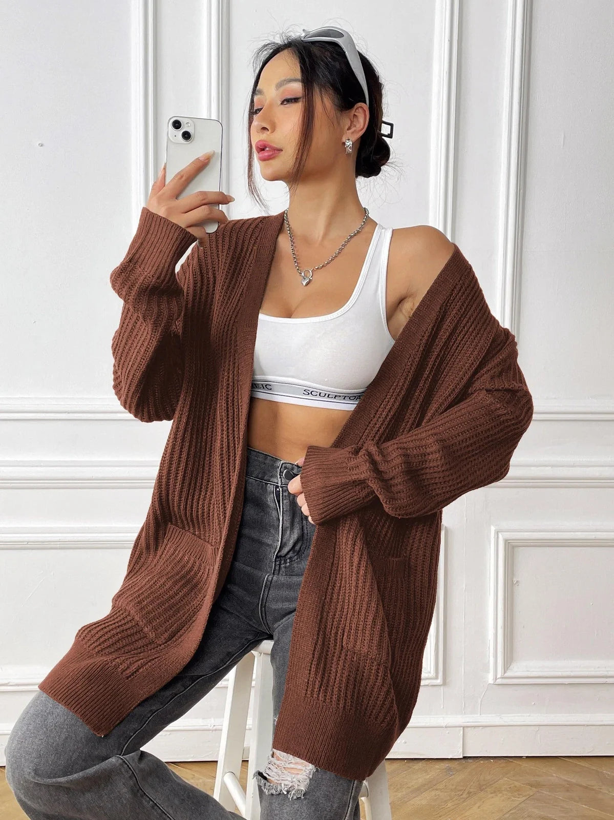 Women's dark green acrylic cardigan with two pockets and 65cm length
