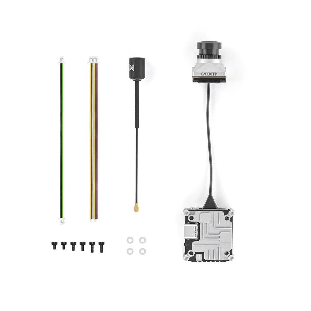 Silver Caddx ADAPTS DJI FPV digital image transmission Vista kit with screws, spacers, and cables.