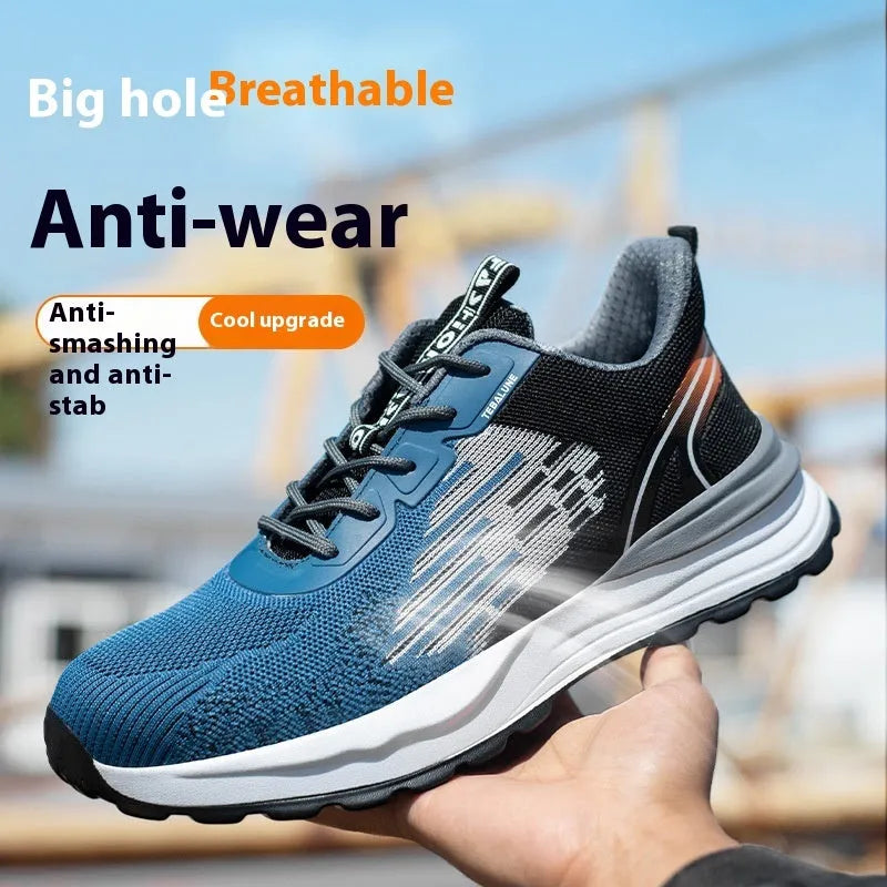 Men's safety work shoes with plastic toe cap protection, featuring a lightweight breathable Flyknit mesh upper, anti-smash anti-puncture function, and a non-slip PU sole in blue low-top lace-up design for wear-resistant industrial use