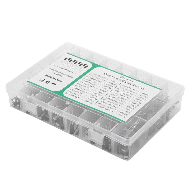 500PCs in-line electrolytic capacitor sample kit box with 24 specifications, aluminium foil and electrolytic paper