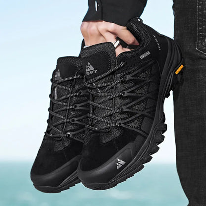 Men's synthetic leather climbing shoes in khaki, grey, or black with round toe and low heel.