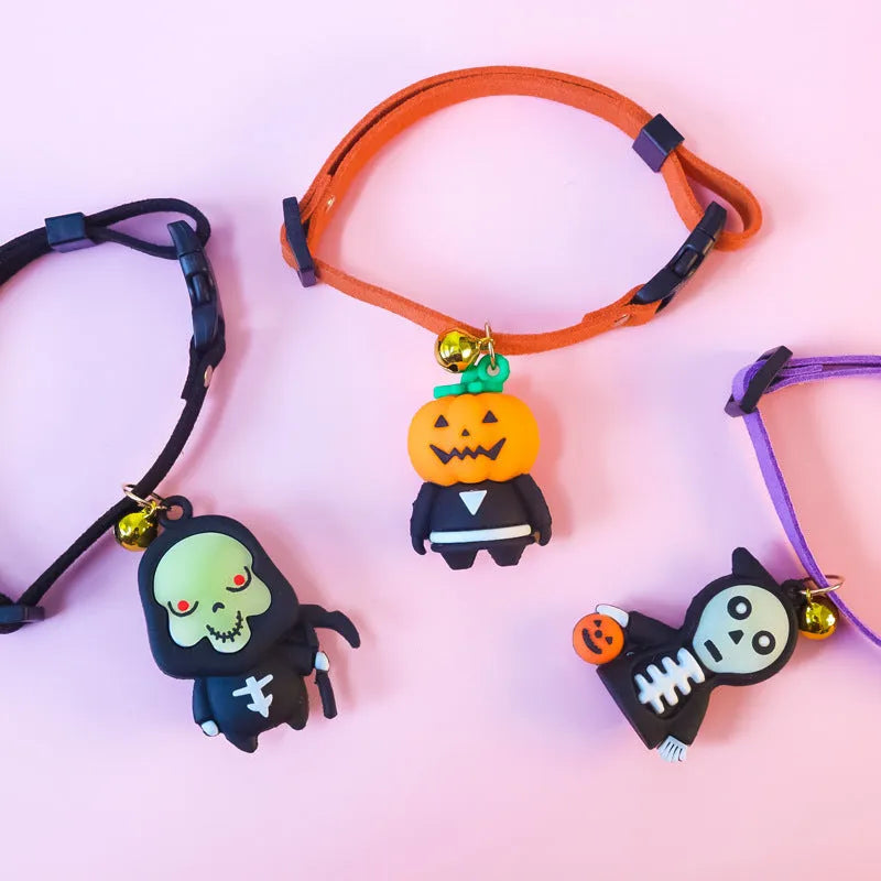 Halloween pet collar with luminous designs in Pumpkin Man, Luminous Brat, and Luminous Skull patterns, adjustable sizes 16-56cm