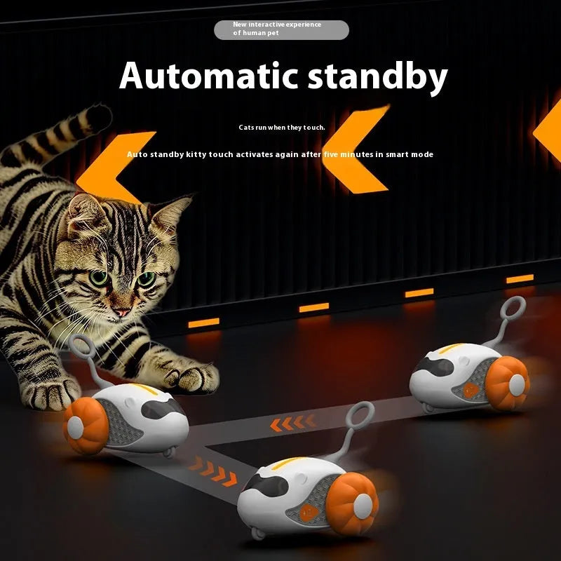 Remote control car cat toy with feather attachment in blue or orange colour