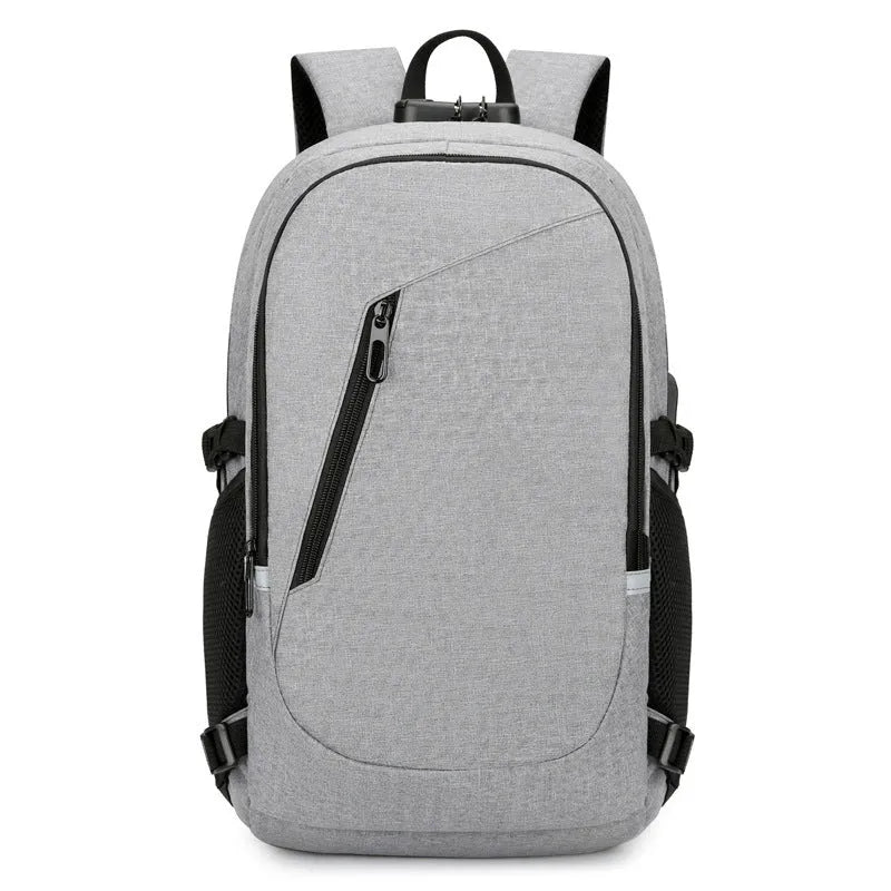 Computer backpack in blue colour showing Oxford cloth construction and 20-35L capacity dimensions
