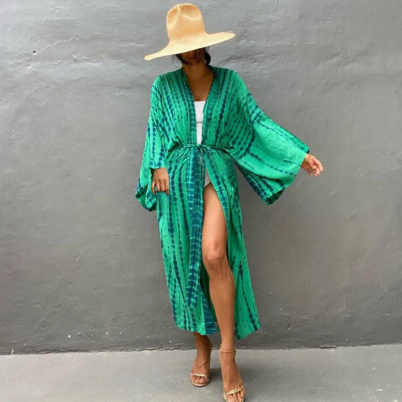 Printed loose beach cover-up shirt with long sleeves in cotton fabric for sun protection