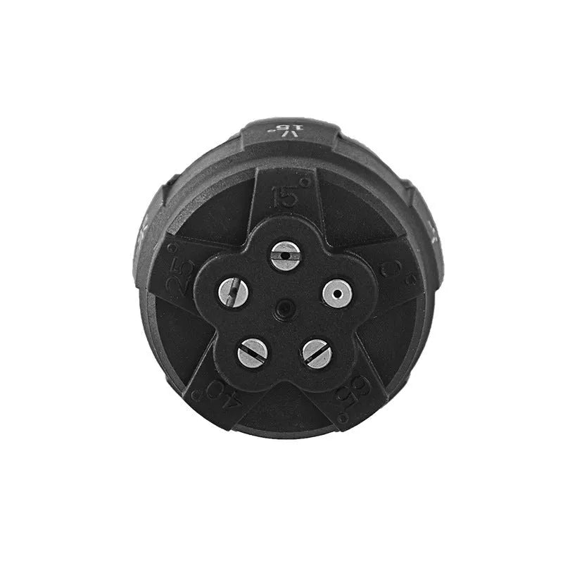 Multi-functional five-in-one spray nozzle for high-pressure water gun, shown in engineering plastic.