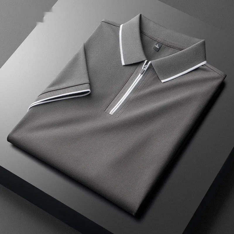 Men's slim fit lapel silk business casual short sleeve top in a cotton blend fabric.
