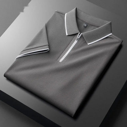 Men's slim fit lapel silk business casual short sleeve top in a cotton blend fabric.