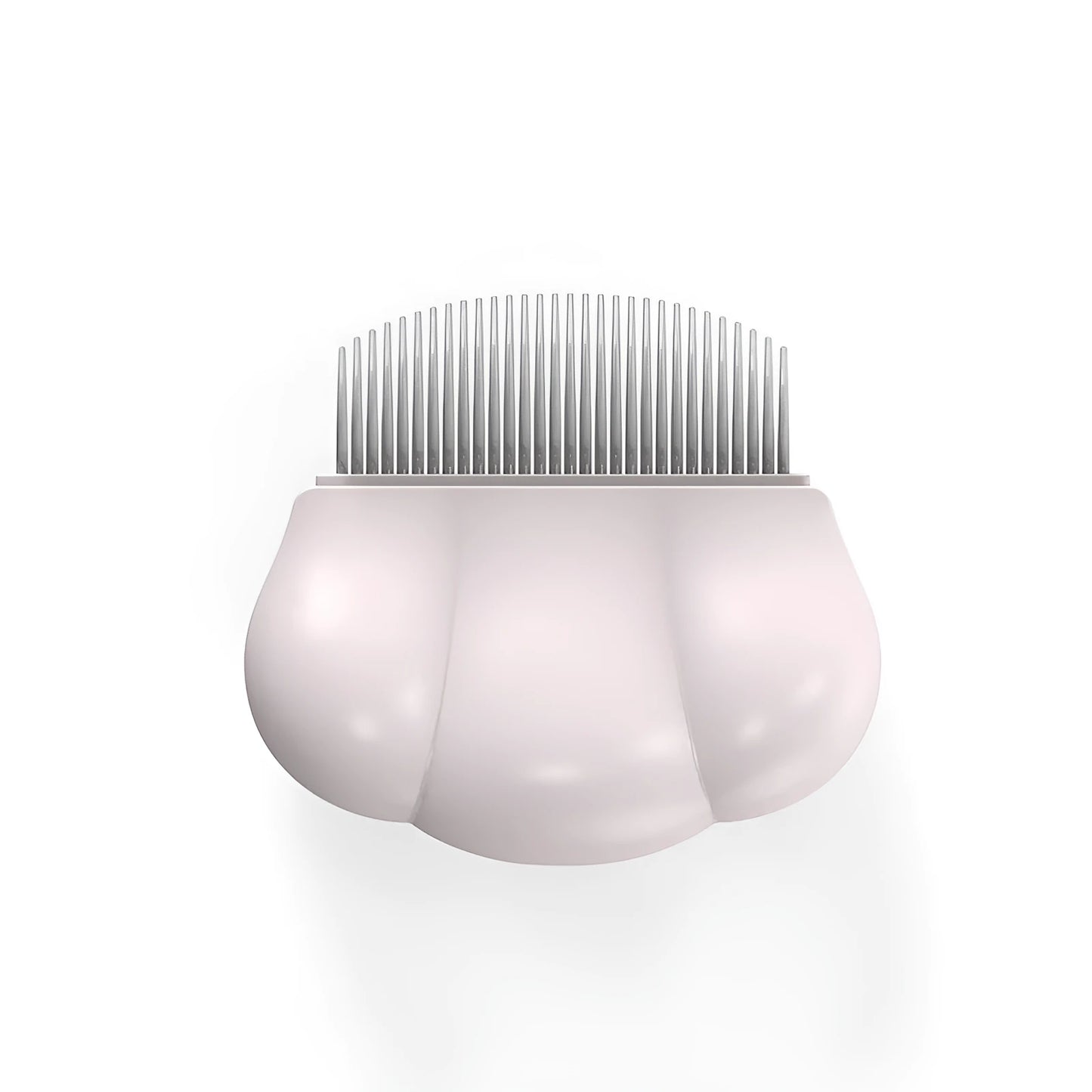 Paw Soft deshedding grooming brush in blue, pink, or white on a wooden table with pet fur.