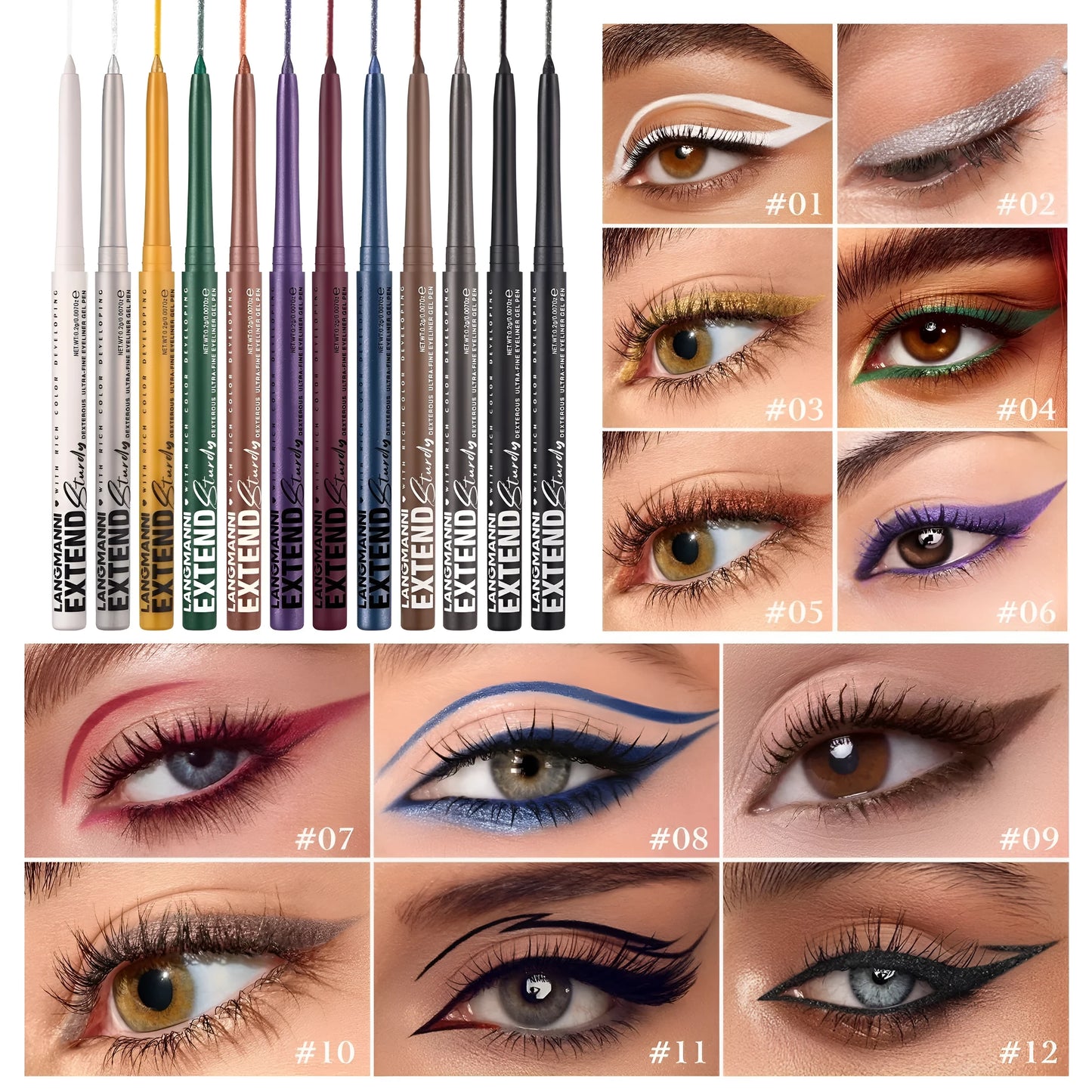 Set of 12 colourful gel glitter eyeliner pencils with matte metallic pearl finishes in waterproof smudgeproof formula