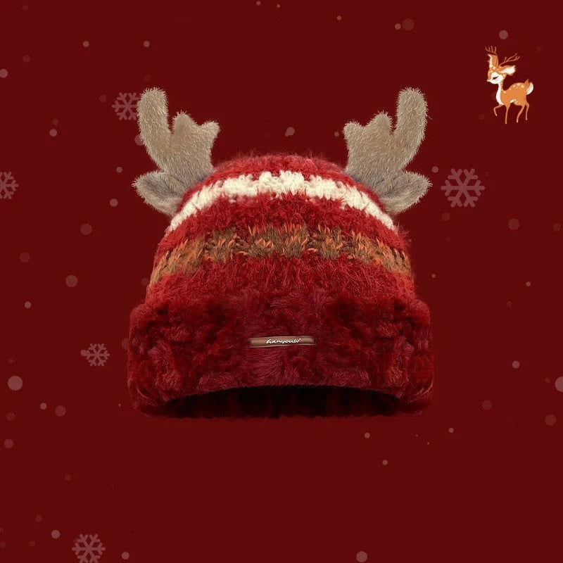 Christmas knitted hat with deer antler design in various colours