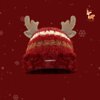 Christmas knitted hat with deer antler design in various colours