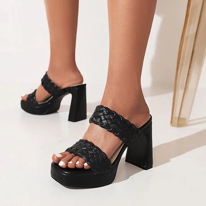White or black PU platform chunky high heel sandals with open toe and woven foot detail, sizes 35-43