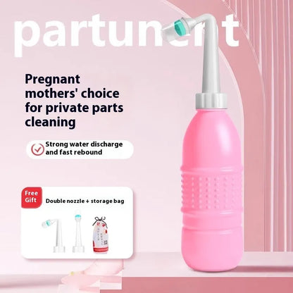 Pink female private parts cleaning device with dual nozzle head and storage bag