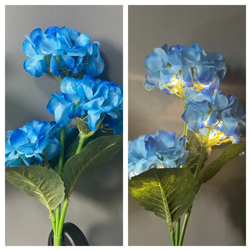 Solar powered hydrangea shaped garden floor light with rubber body in pink purple blue green or white