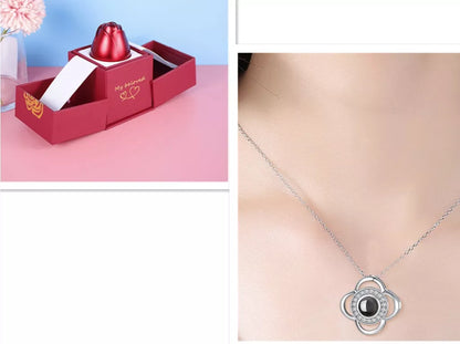 Valentine's Day Metal Rose Jewelry Gift Box Necklace with adjustable crystal necklace and maroon gift box
