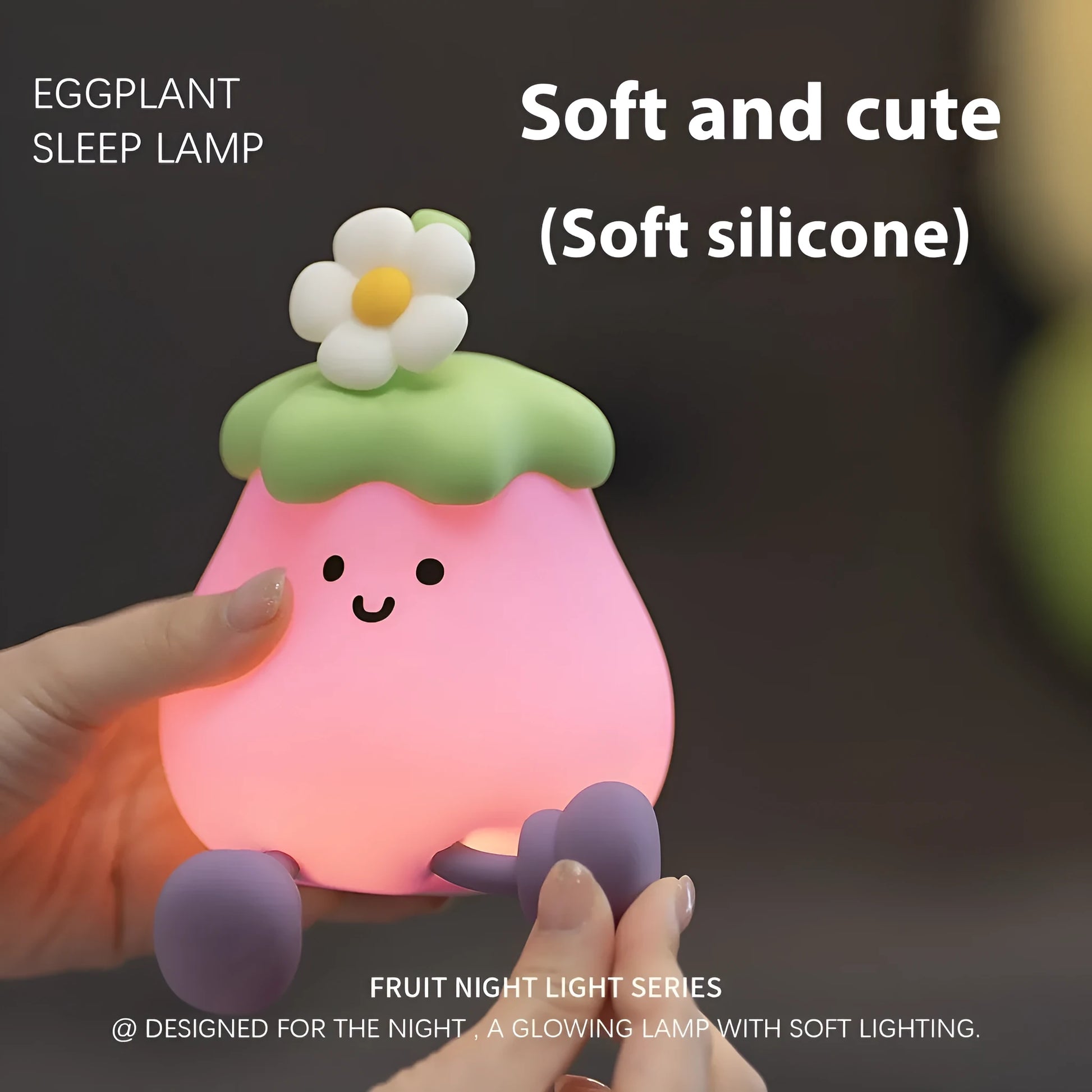 Cartoon eggplant-shaped night light with soft yellow glow measuring 100mm diameter