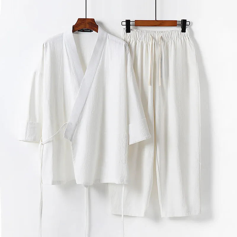 Cotton cardigan hanfu two-piece suit in five colours with shirt-style top and pants