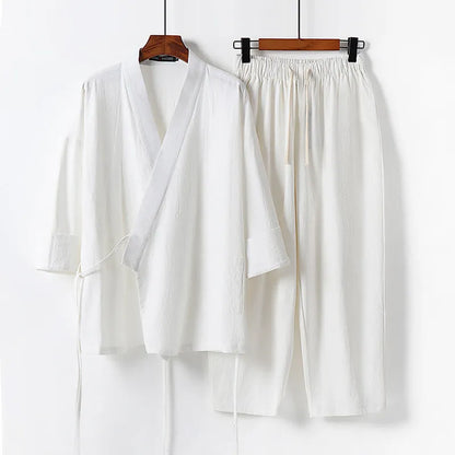 Cotton cardigan hanfu two-piece suit in five colours with shirt-style top and pants