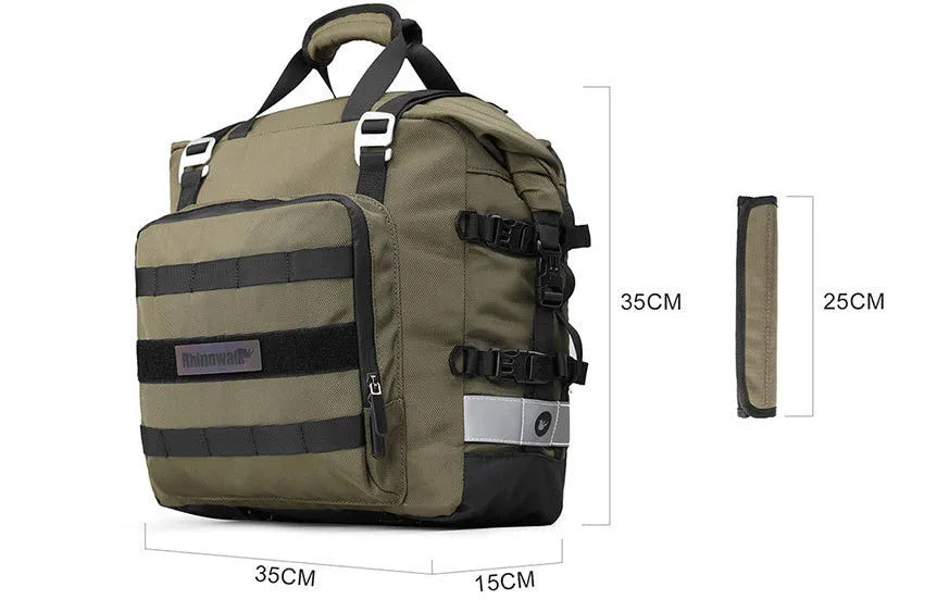 20 litre quick-release motorcycle side bag in army green or black polyester.
