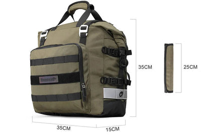 20 litre quick-release motorcycle side bag in army green or black polyester.