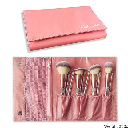 Rose gold electroplated makeup brush set with 14 pieces showing 20cm length and PU storage bag