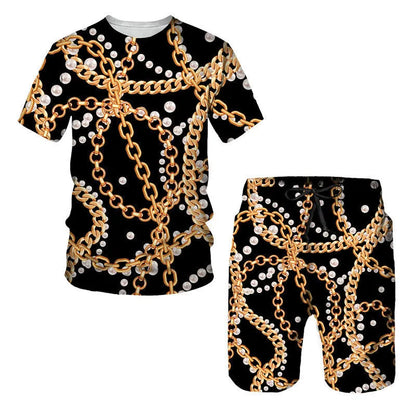 Man wearing a chain pattern digital printed short sleeve T-shirt with matching shorts, summer leisure set.