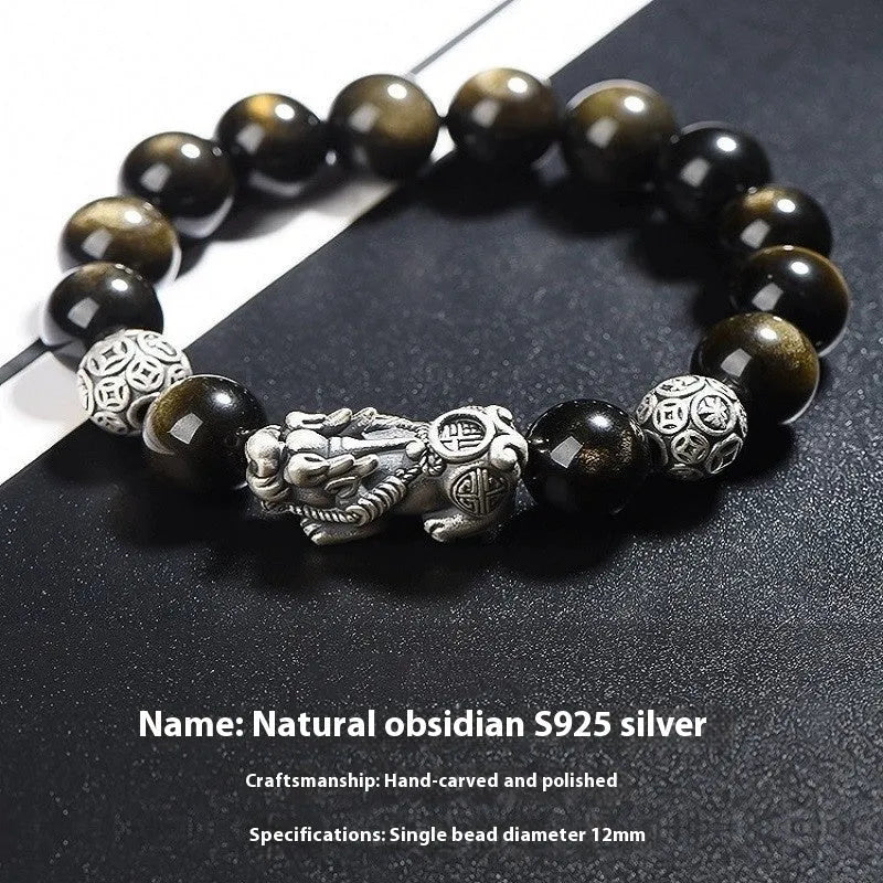 Men's S999 sterling silver and obsidian bracelet with leather strap in geometric design.