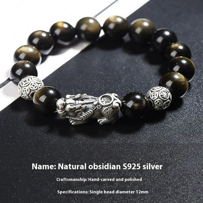 Men's S999 sterling silver and obsidian bracelet with leather strap in geometric design.