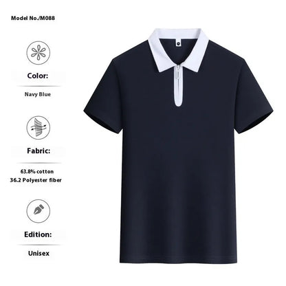 Zipper and lapel polo shirt in solid colour with short sleeves and loose fit
