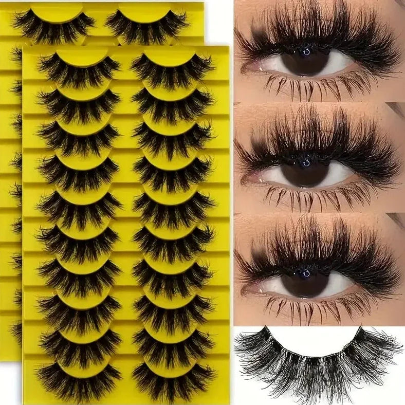 10 pairs of 3D multi-layer false eyelashes showing five different style options with black and transparent stems