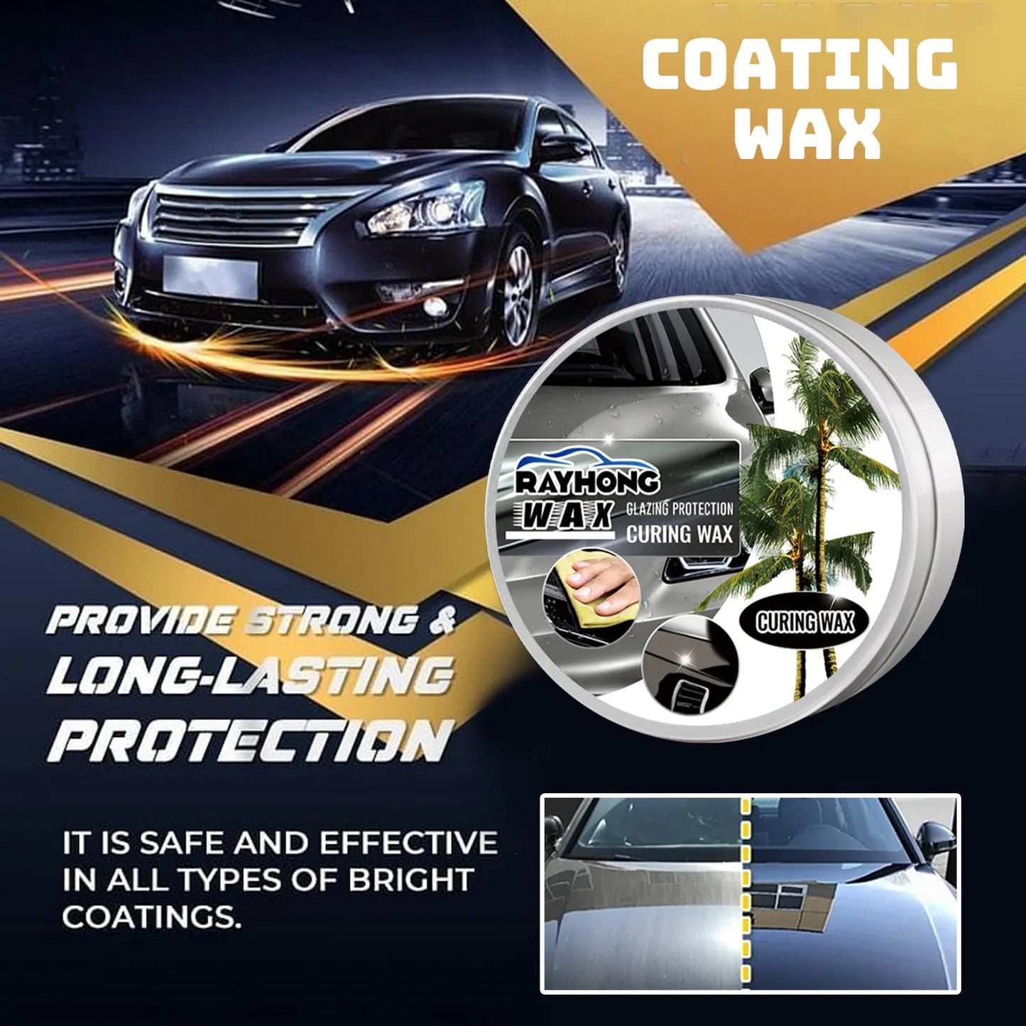 Car coating wax block and two applicator sponges for paint renovation and protection.