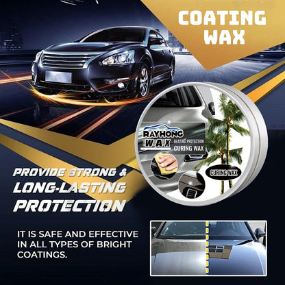 Car coating wax block and two applicator sponges for paint renovation and protection.