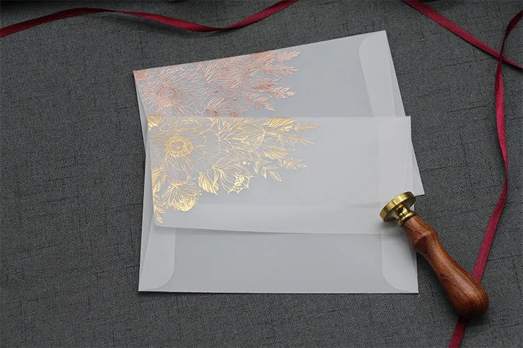 Sulfuric acid paper invitation card with bronzing matte varnish in gold or rose gold