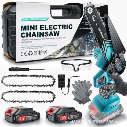Handheld wireless electric chainsaw with 6-inch chain, batteries, safety goggles, gloves, and storage box