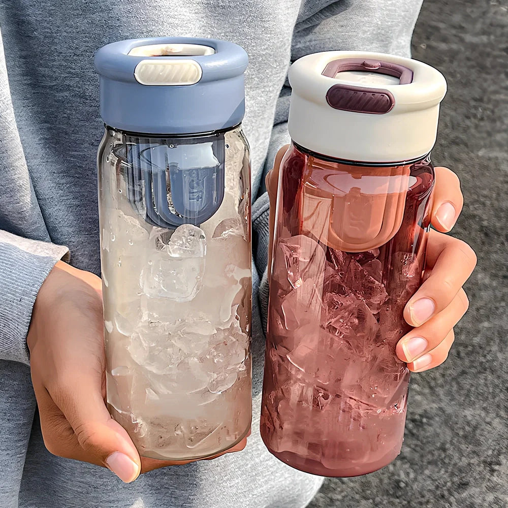 Clear Korean tea separation cup showing dual-chamber design with 650ml capacity and blue colour option