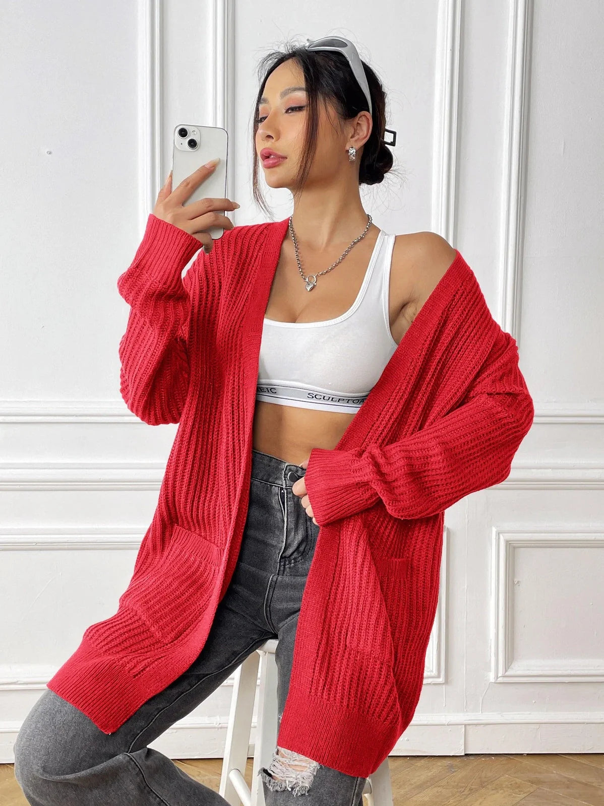Women's dark green acrylic cardigan with two pockets and 65cm length