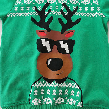 Green boys' sweatshirt with animal cartoon patterns and long sleeves for autumn wear