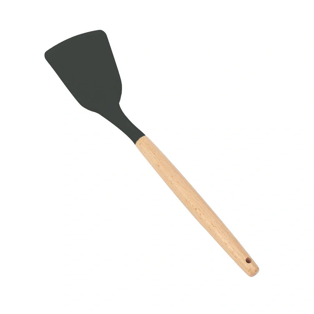 Dark grey silicone cooking utensils with wooden handles including spatula, spoon, whisk, and tongs