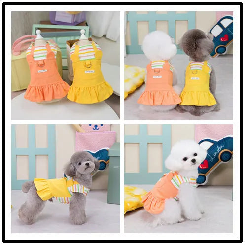 Orange and yellow striped patchwork cotton dog skirt shown in casual style